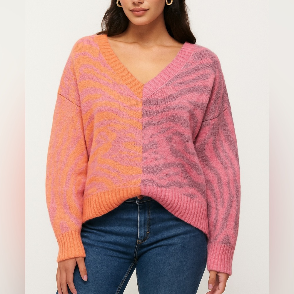 V-neck Animal Print Colorblock Pink and Orange Sweater